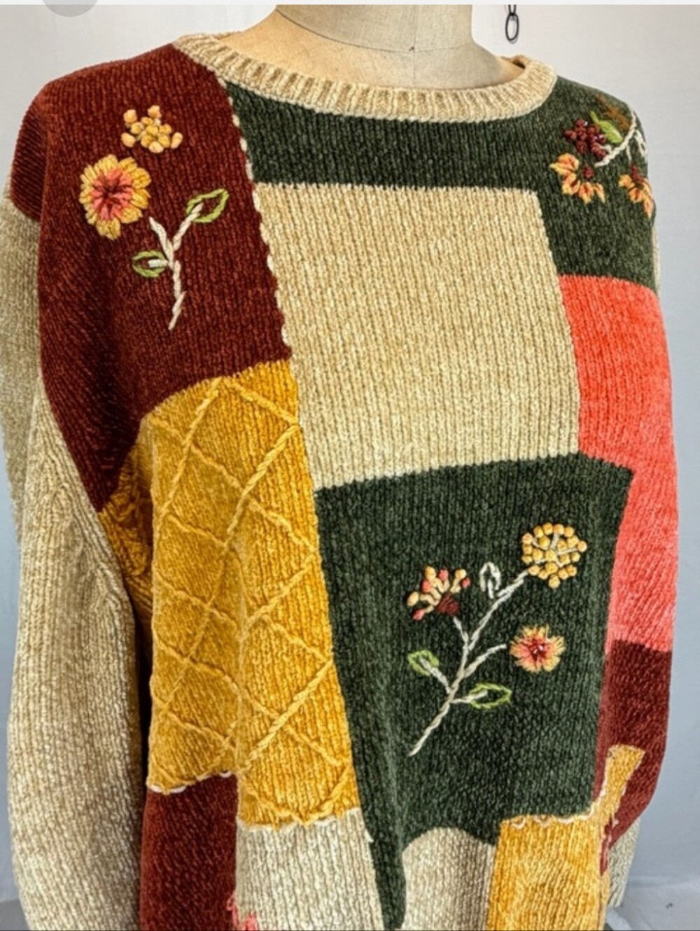 Patchwork Floral Knit Sweater - Cream, Mustard & Green